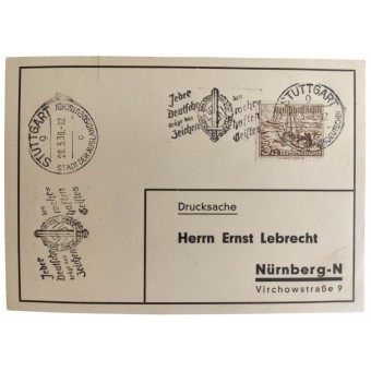 Postkarte mit SA-Briefmarken mit Nazimotto und Stuttgarter Briefmarke vom 28.3.38. Espenlaub militaria