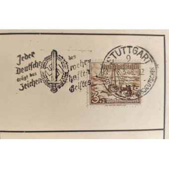 Postikortti SA -postimerkeillä natsimotto- ja Stuttgart -leima, päivätty 28.3.38. Espenlaub militaria
