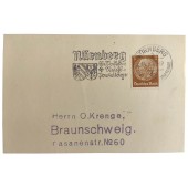 Postikortti, jossa on Nürnbergin juhlapäivän erikoispostimerkki vuodelta 1936.
