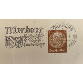 Carte postale avec le timbre spécial de la fête de la soirée Nuernberg faite en 1936. Espenlaub militaria