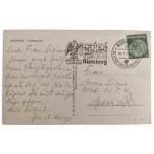 Postcard with stamps for town of Nuernberg dated 1938