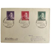 Hitlerin syntymäpäiväksi vuonna 1943 lähetetty ensimmäinen päiväkuori, jossa on Hitlerin postimerkit.