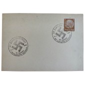 Ensimmäisen päivän postikortti, joka on omistettu St. Johannin paikallisen natsiryhmän 10-vuotisjuhlille.