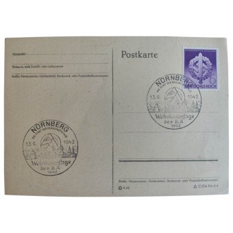 Ensimmäinen päivä Postikortti, joka on omistettu SA: n puolustuskilpailuille Nuernbergissä vuonna 1942. Espenlaub militaria