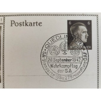 La carte postale de premier jour avec un timbre SA intéressant pour les compétitions de Quedlinburg en 1942. Espenlaub militaria