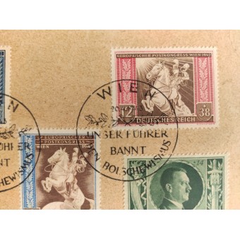 Ensimmäinen päivä postikortti postilevyillä Hitlerin syntymäpäiväksi vuonna 1943 Wienissä. Espenlaub militaria