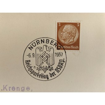 Ensimmäisen päivän postikortti Reichsparteitag -leimalla, päivätty 1937. Espenlaub militaria