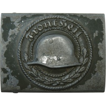 Цинковая ременная пряжка Stahlhelm, с изображением немецкой каски и надписью  Frontheil.. Espenlaub militaria
