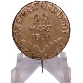 Distintivo WHW WW2 tedesco Freiheit und Brot 29. Marz 1936 Distintivo del rally