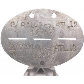 Erkennungsmarke 2. Kompanie Bau Ersatz Bataillon 12. Aluminio