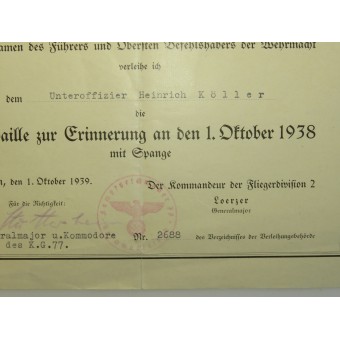 Fliegererinnerungsabzeichen Juncker och en uppsättning dokument för Oberfeldwebel Heinz Köhler