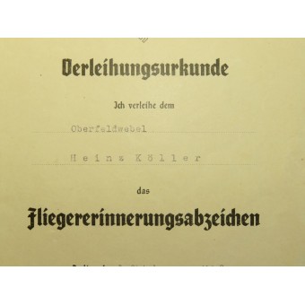 Fliegererinnerungsabzeichen Juncker och en uppsättning dokument för Oberfeldwebel Heinz Köhler