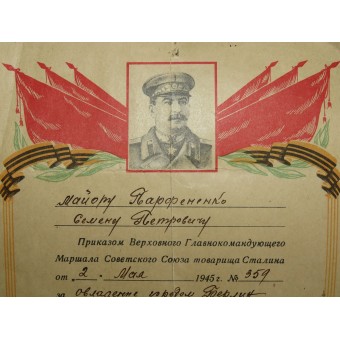 Certificato di Merito al maggiore di truppe corazzate per catturare la città di Berlino. Espenlaub militaria