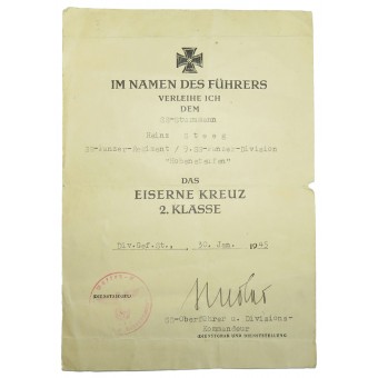 Certificato di conferimento della Croce di Ferro di seconda classe allSS-Sturmann della divisione Hohenstaufen. Espenlaub militaria