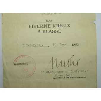 Certificat dattribution de la Croix de Fer de deuxième classe au SS-Sturmann de la division Hohenstaufen. Espenlaub militaria