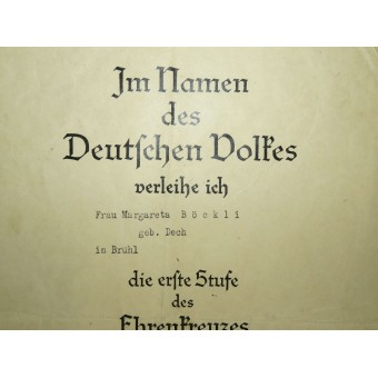 Наградной лист на крест немецкой матери в золоте. Frau Margaretha Böсkli. Espenlaub militaria