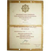 Le certificat de la Croix allemande en or