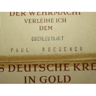 The German Cross in Gold Award Certificate. Espenlaub militaria