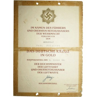 Det tyska korset i guld - certifikat för utmärkelsen. Espenlaub militaria