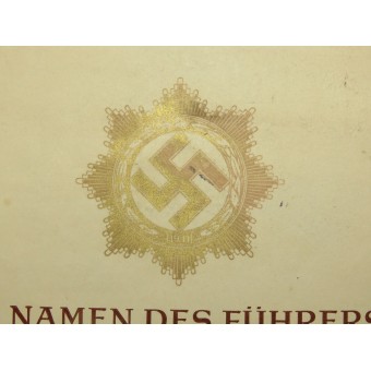 Awardcertificaat voor het Duitse kruis in goud, uitgegeven aan Feldwebel Hermann harders en papers. Espenlaub militaria