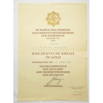 Certificado de premio a la cruz alemana en el oro, concedida a Feldwebel Hermann Harders y documentos. Espenlaub militaria