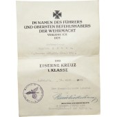 Award certificate to Iron cross 1939, SS-Panzer-Korps stamps.