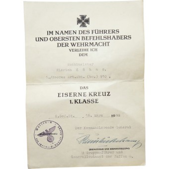 Verleihungsurkunde zum Eisernen Kreuz 1939, SS-Panzer-Korps-Stempel.. Espenlaub militaria