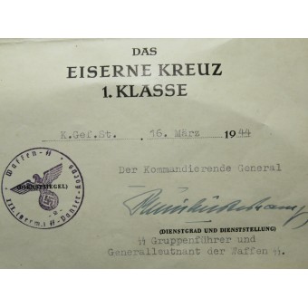 Award certificate to Iron cross 1939, SS-Panzer-Korps stamps.. Espenlaub militaria