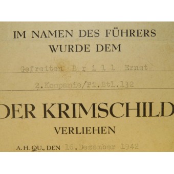 Krimschild Besitz-Zeugnis. Crimea shield award certificate. Espenlaub militaria