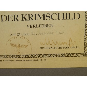 Krimschild Besitz-Zeugnis. Certifikat för utmärkelsen Krimsköld. Espenlaub militaria
