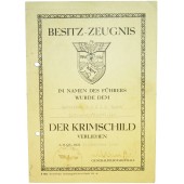 Krimschild Besitz-Zeugnis. Crimea shield award certificate