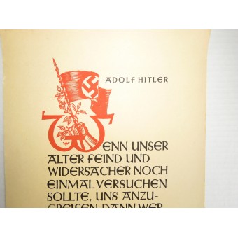 Affiche. Adolf Hitler: « Si nos anciens ennemis tentent de nous attaquer à nouveau, les drapeaux volent et ils vont nous connaître ». Affiche hebdomadaire du département de la propagande du NSDAP / Poster # 29. 13.-19 Juill. Espenlaub militaria