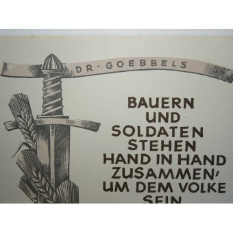 Плакат НСДАП, цитата Геббельса: Крестьяне и солдаты стоят бок о бок. Espenlaub militaria