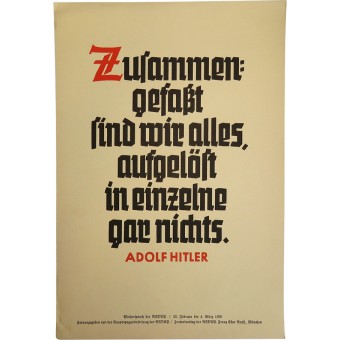 NSDAP:s veckospråk, affisch med A.Hitlers talesätt.. Espenlaub militaria