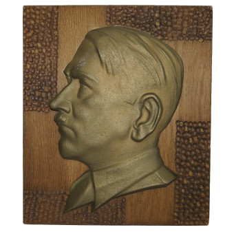 Bronze cast bas-relief of Adolf Hitler on an oak panel