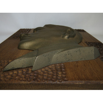 Bronze cast bas-relief of Adolf Hitler on an oak panel