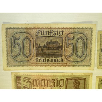 Conjunto de billetes de papel - 3er Reich territorios ocupados del Este 50, 20, 5, 2 Reichsmark. Espenlaub militaria