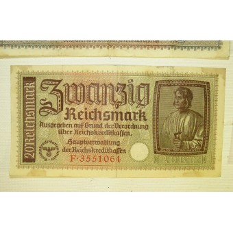 Ensemble de billets en papier - 3e Reich territoires occupés de lEst 50, 20, 5, 2 Reichsmark. Espenlaub militaria
