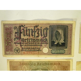 Set papierbankbiljetten - 3rd Reich bezet Oost-gebieden 50, 20, 5, 2 Reichsmark. Espenlaub militaria