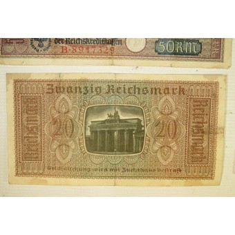 Conjunto de billetes de papel - 3er Reich territorios ocupados del Este 50, 20, 5, 2 Reichsmark. Espenlaub militaria