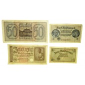 Satz Papiergeldscheine - 3. Reich besetzte Ostgebiete 50, 20, 5, 2 Reichsmark