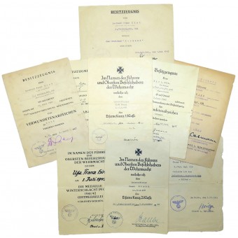 Serie di attestati di riconoscimento per un tenente di fanteria della Wehrmacht. Krim, Wolchow, Kurland. Raro. Espenlaub militaria