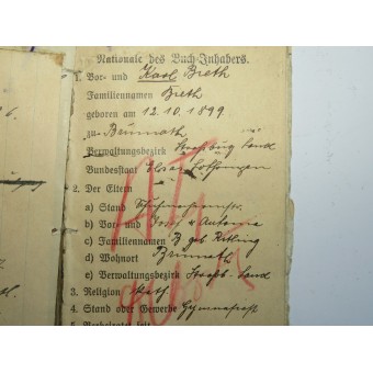 1. maailmansodan alsaasinsaksalaisen sotilaan palkkakirja ja tunniste, Karl Bieth. Espenlaub militaria