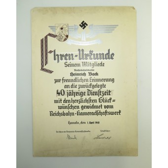 Kolmannen valtakunnan rautatievirkailijan palkintoasiakirjat.. Espenlaub militaria