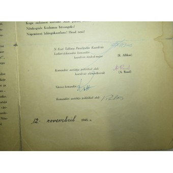 Urkunde des Estnischen Schützenkorps für den in den Ruhestand tretenden Obergefreiten Mälivere Juhan. Espenlaub militaria