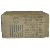 Verpakkingsdoos voor Amerikaans stoofvlees dat in het kader van Lend-Lease aan de Sovjet-Unie werd geleverd. Zeldzaam.