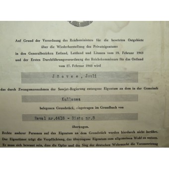 Urkunde - 3. valtakunnan antama todistus omaisuuden palauttamisesta Baltian maissa.. Espenlaub militaria