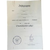 Gebirsjäger K.Brandhuberille myönnetty todistus jalkaväen rynnäkkömerkin myöntämisestä. GJR 144