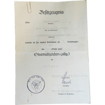 Infantry assault badge certificate  issued to the Gebirsjäger K.Brandhuber. GJR 144. Espenlaub militaria