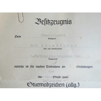 Jalkaväen hyökkäysmerkkitodistus, joka on annettu GebirsJäger K.Brandhuberille. GJR 144. Espenlaub militaria